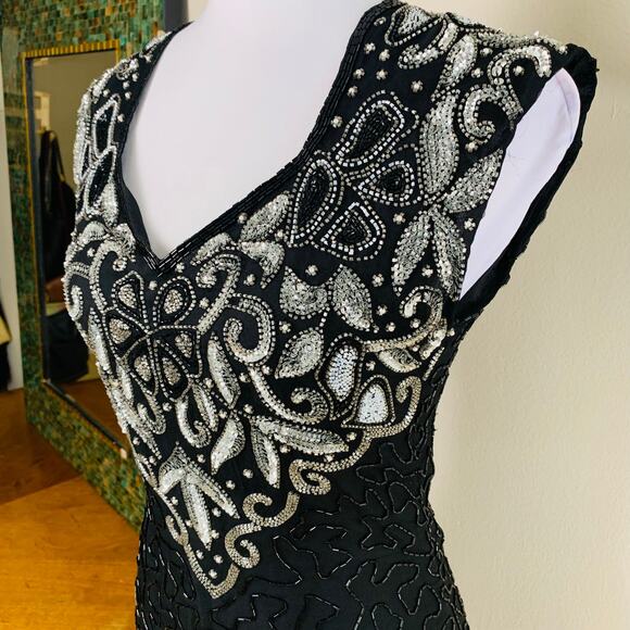 Vtg Laurence Kazar XL Dress 100% Silk Heavily Sequined Beaded Cut Out Back Black - Picture 3 of 14